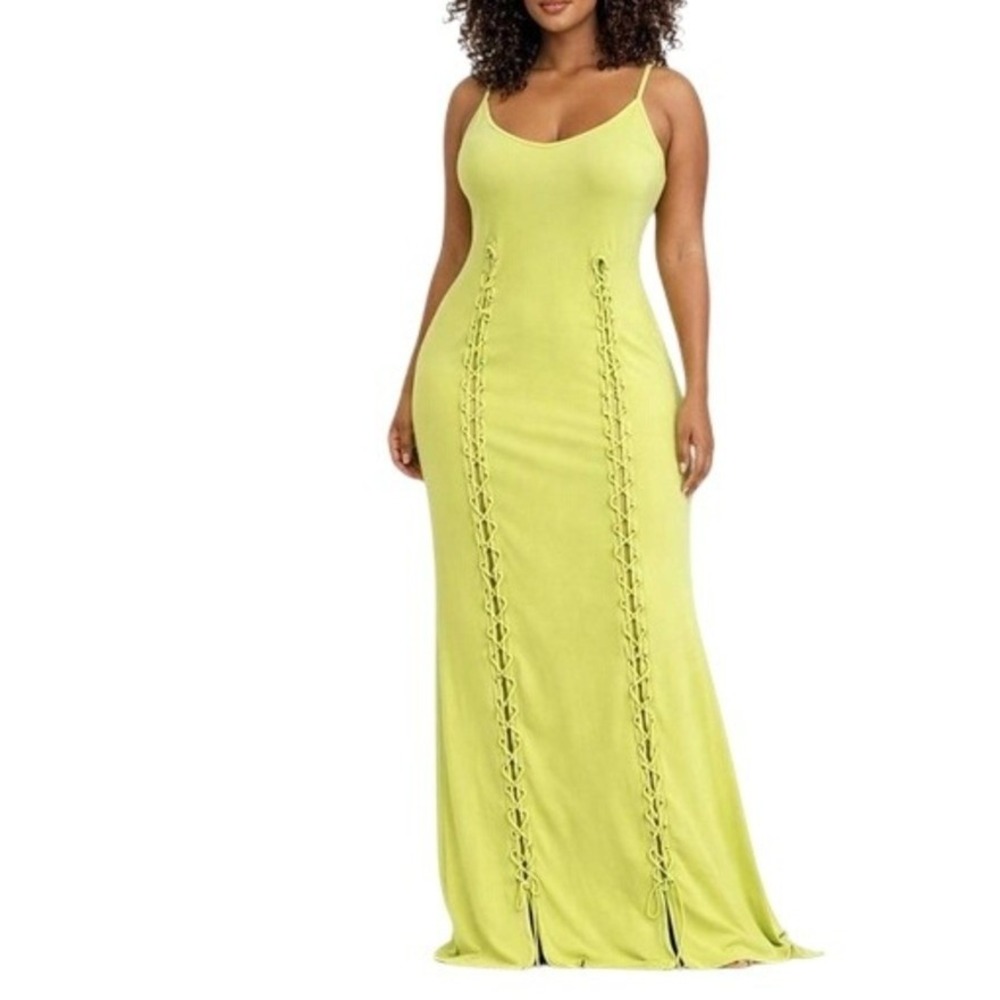 Fashion Nova Lime Green Ribbed Lace Up Maxi‎ Dress Sleeveless Large